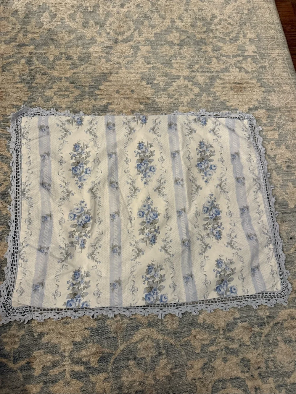 LoveShackFancy White and Pale Blue Floral Lace Trim Throw